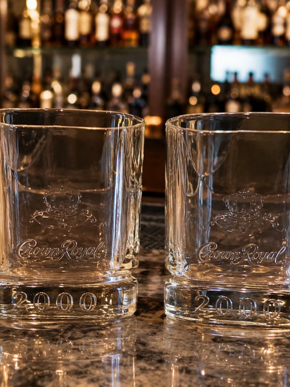 Vintage Crown Royal 2000 embossed logo whiskey rocks glasses set of 2 clear bar